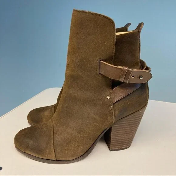 RAG & BONE Sz 38 Harrow Suede Tan Brown Booties w/ Straps Stalked 3.5” Heel - Picture 10 of 10